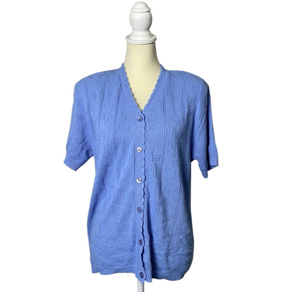 Vintage 80s-90s Blue Short Sleeve Knit Cardigan Sweater Size M Cottagecore